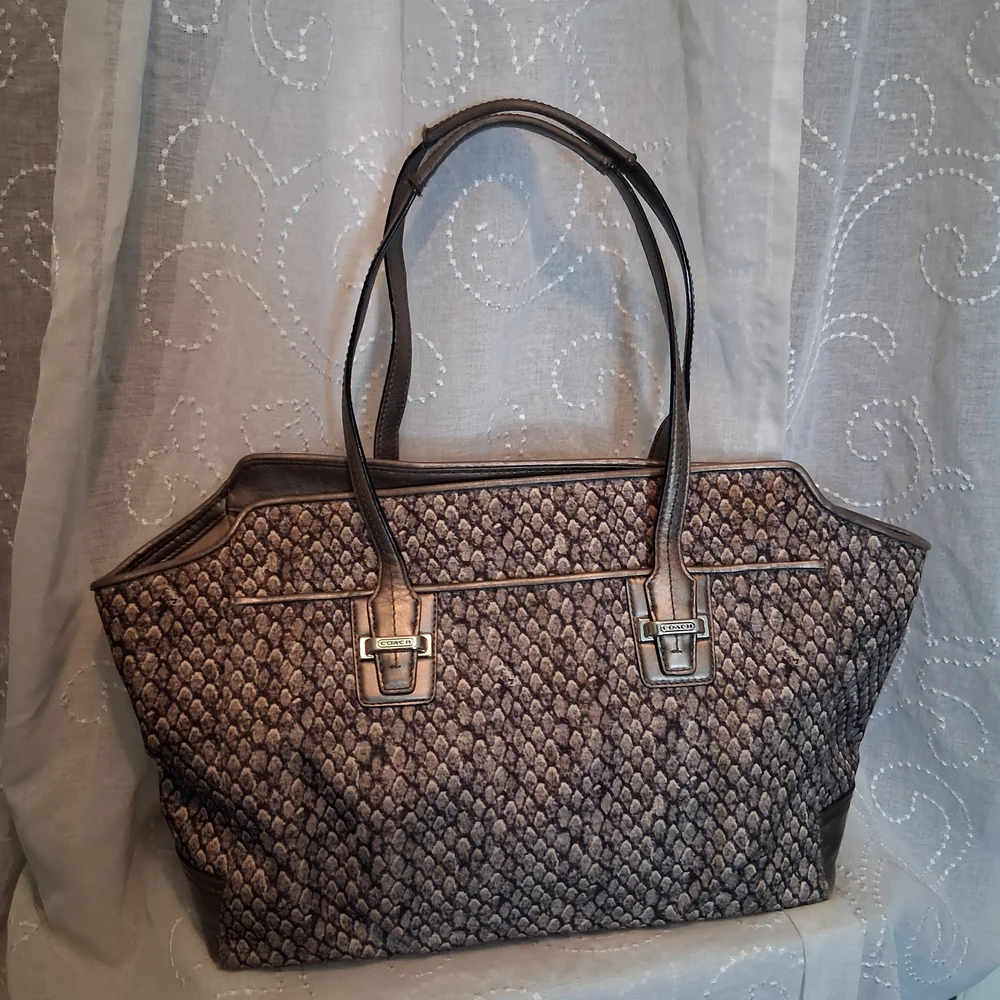 Coach Taylor Gunmetal Snake Print Alexis Carryall Tote Bag